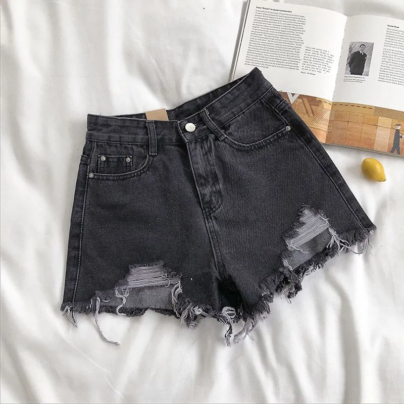 BerryBetty - Casual High Waist Denim Shorts Women Summer  Pocket Tassel Hole Ripped jeans Short Female Femme Short Pants Women