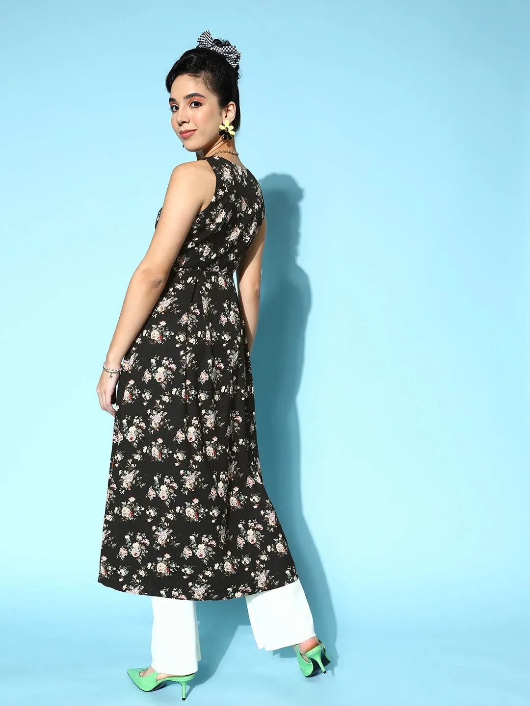 Berrylush Women Black & White Floral Printed Round Neck Front Slit Flared A-Line Calf Length Kurta