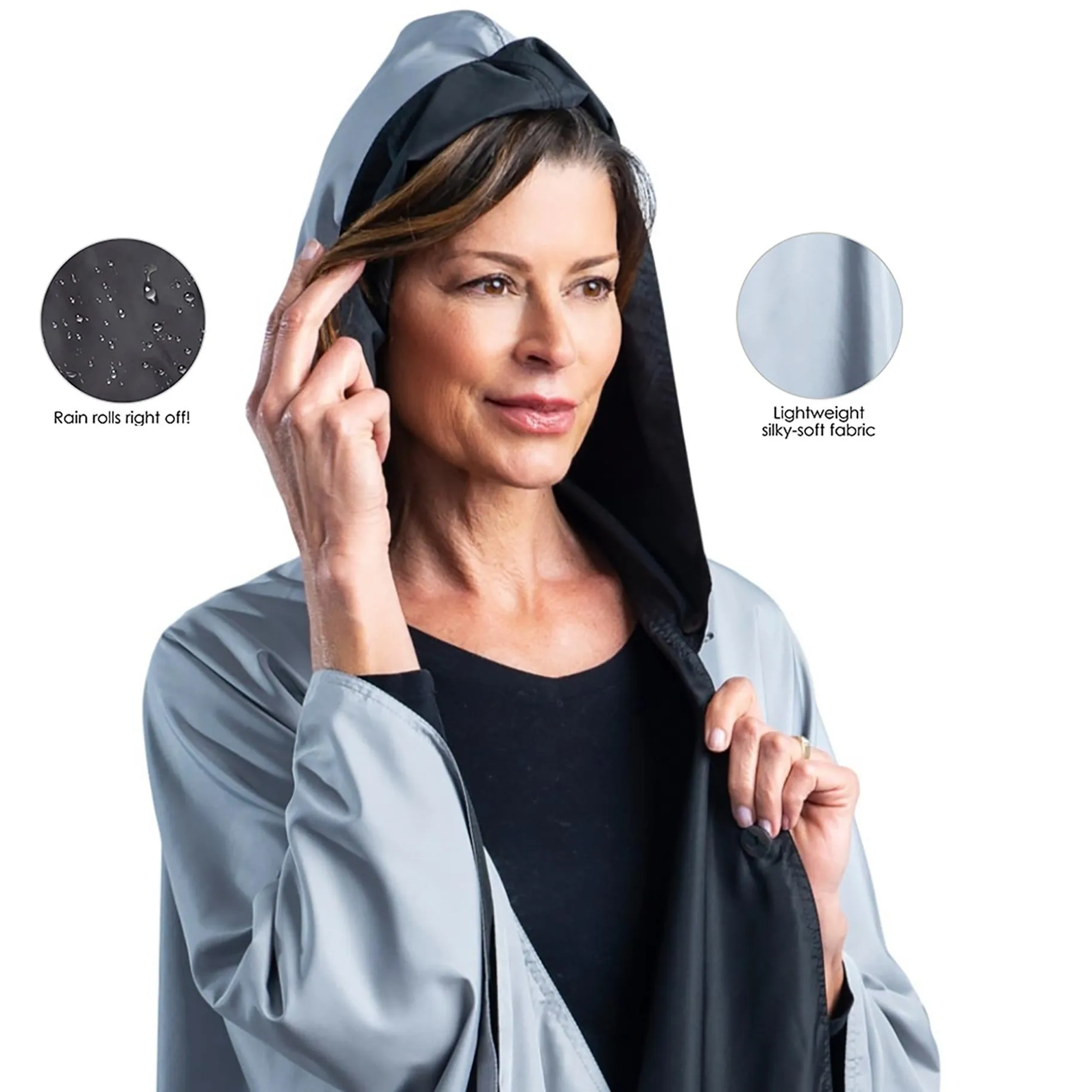 Black & Pewter Grey Womens Rain Cape - Rainproof Breathable Rain Poncho