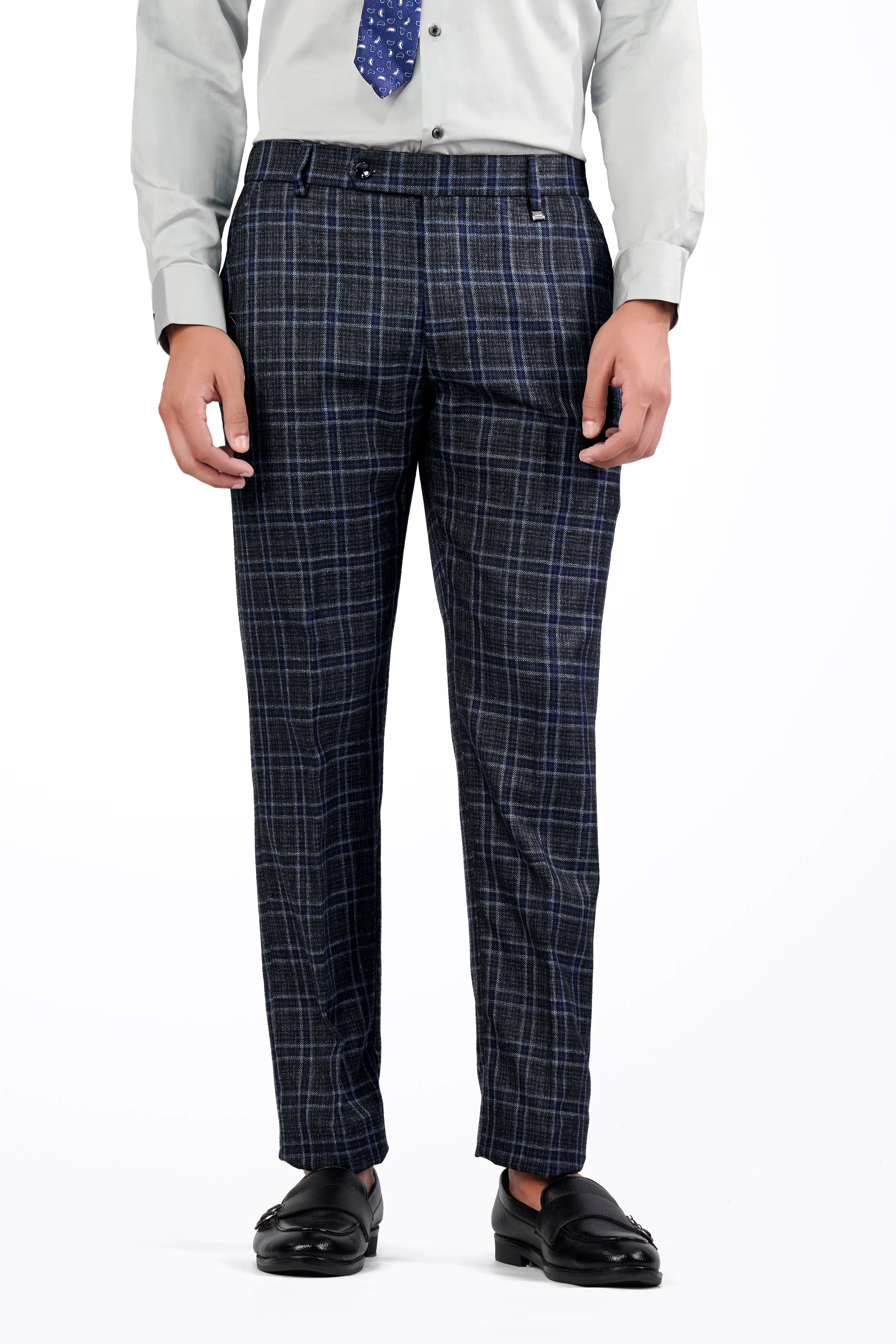 Bleached Black and Marine Blue Plaid Tweed Pant