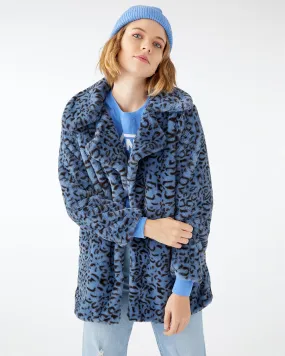 Blue Animal Print Faux Fur Coat