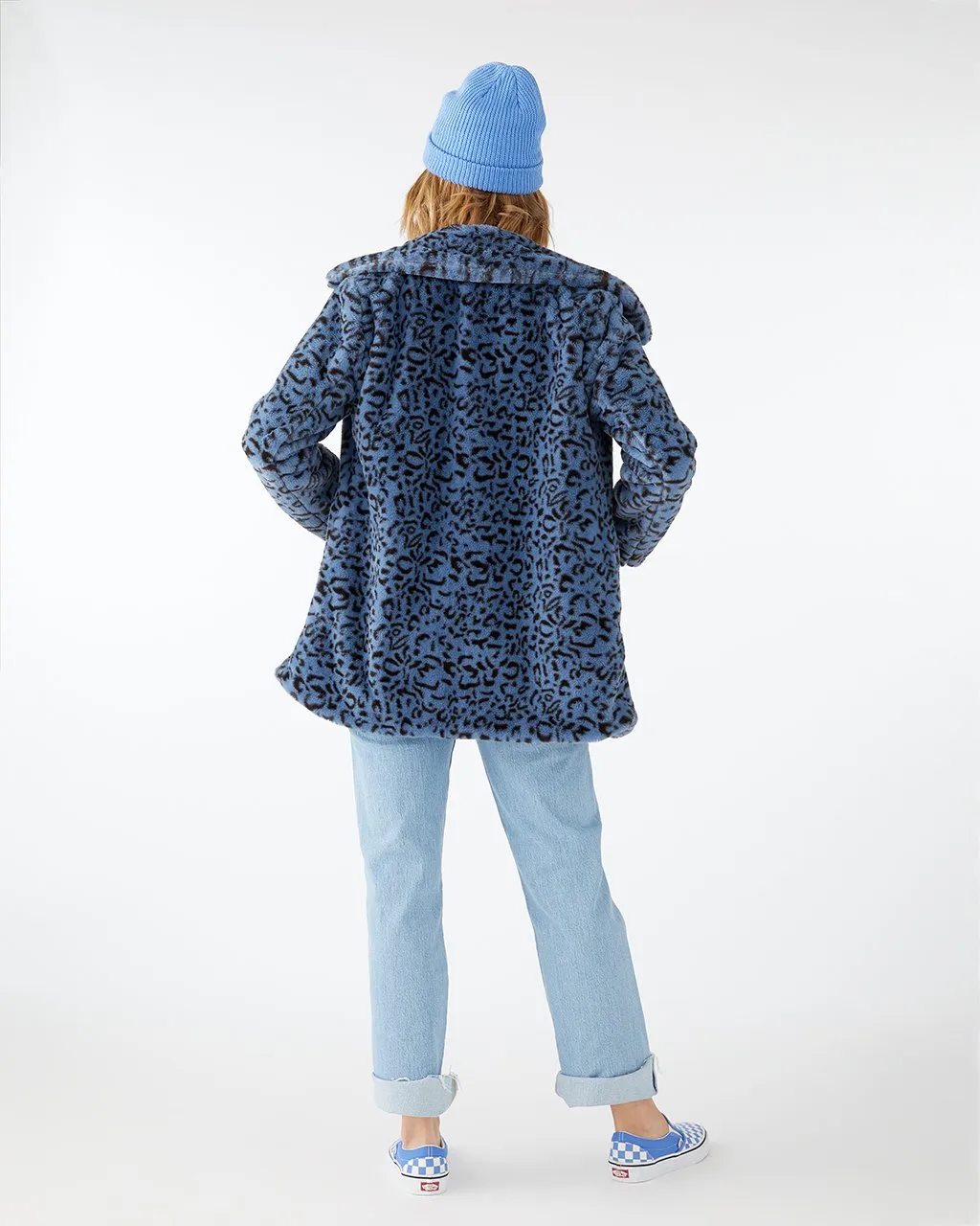 Blue Animal Print Faux Fur Coat