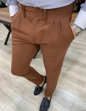 Brown Double Pleated Buckle Pants