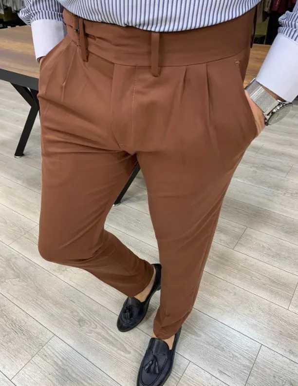 Brown Double Pleated Buckle Pants