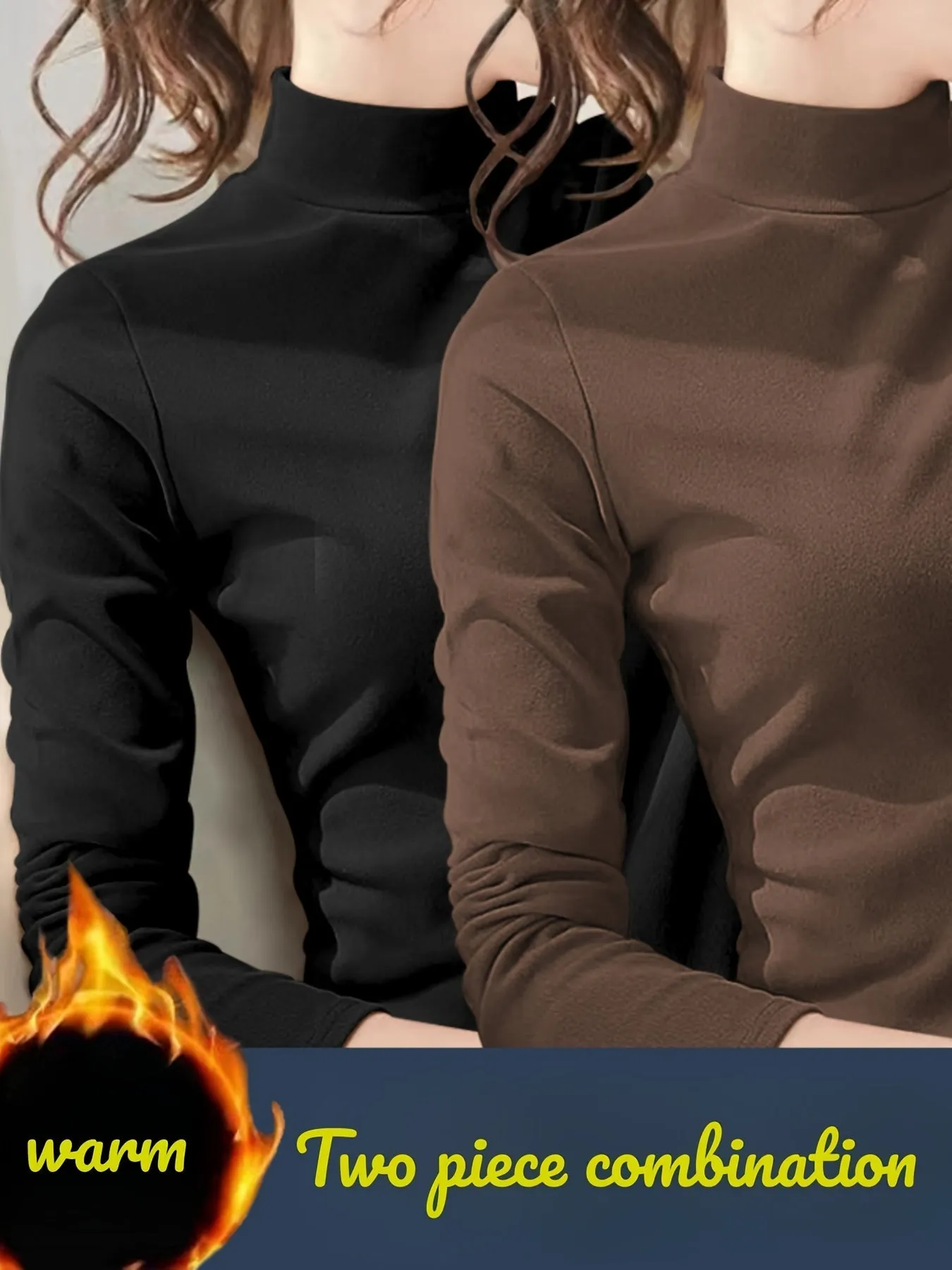 Buy 1 Get 1 Free, total of 2 pcs Soft & Cozy Mock Neck Thermal Long Sleeve Top - Ultra-Comfortable, Stretchy, and Breathable Base Layer for Women - Polyester Knit Fabric, Solid Color, Micro Elasticity, Perfect for Lingerie & Sleepwear