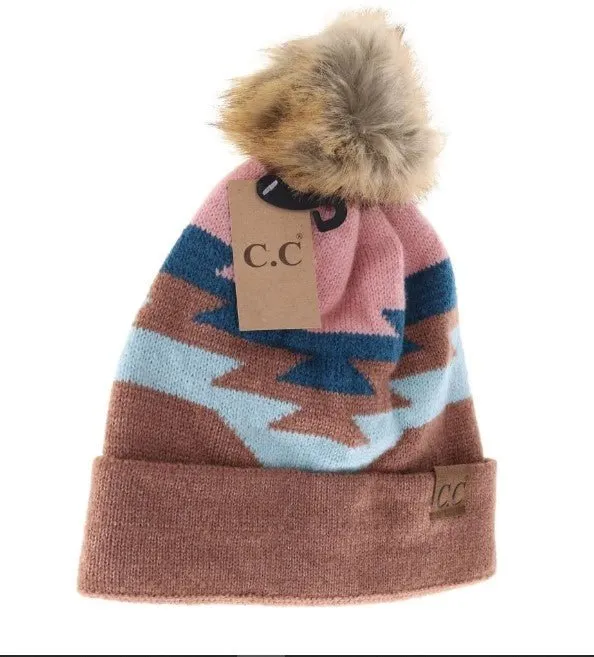 CC Beanie Aztec Pom Knit Cap