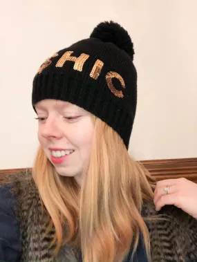 Chic Gold Sequin Pompom Toque Hat