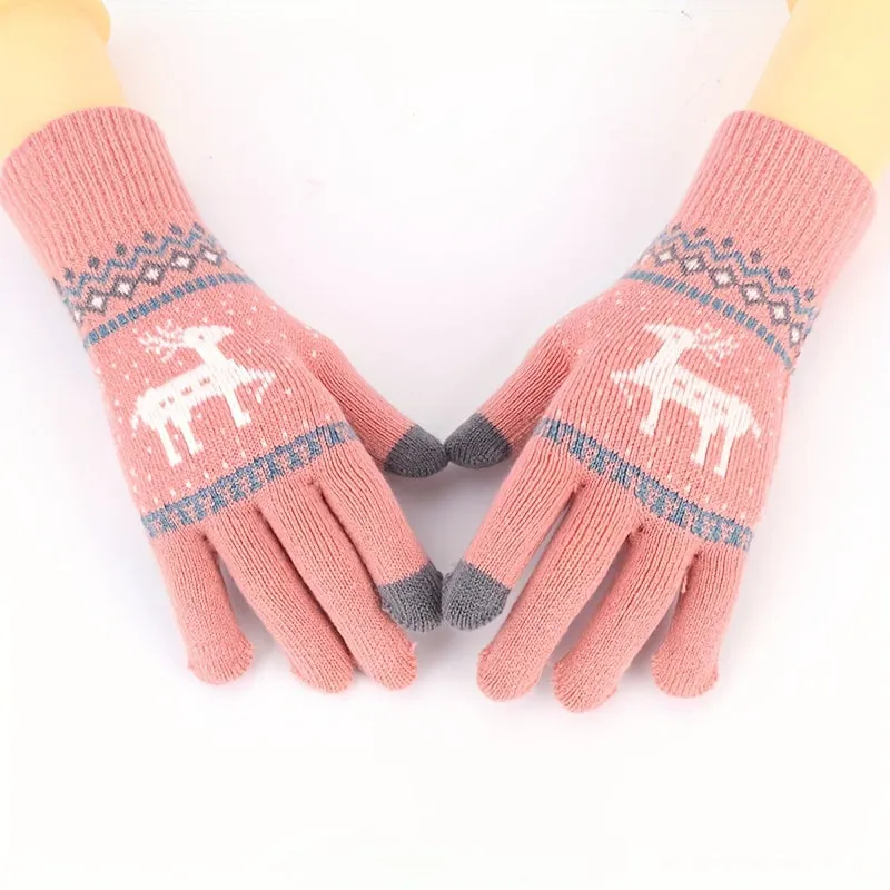 Christmas Reindeer Jacquard Knit Gloves Unisex Thick Warm Touchscreen Gloves Autumn Winter Casual Outdoor Coldproof Riding Gloves