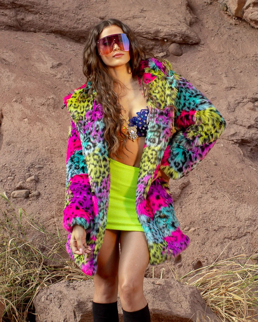 Classic Women's Faux Fur Coat | Neon Graffiti Leopard