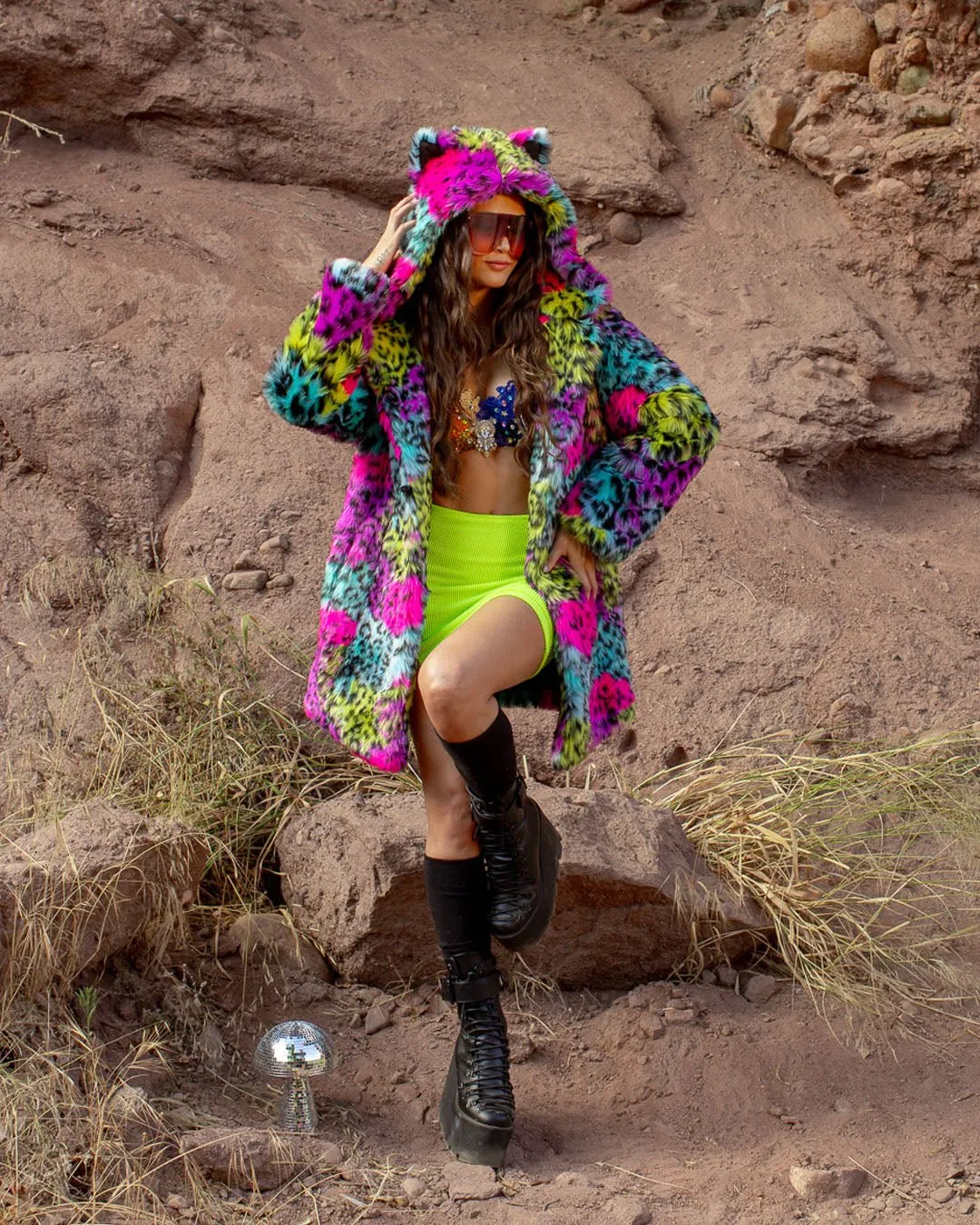 Classic Women's Faux Fur Coat | Neon Graffiti Leopard