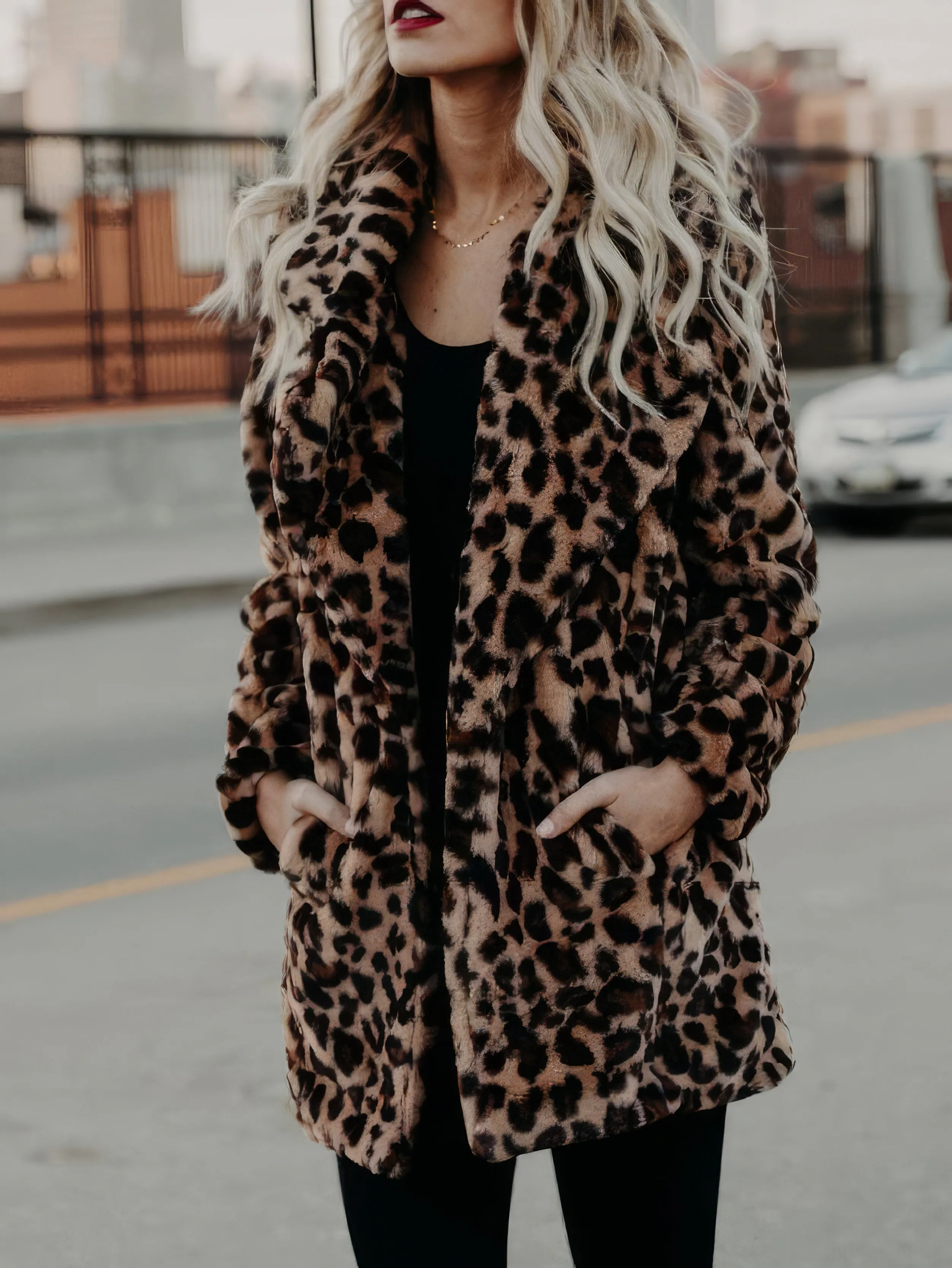 Coats Lapel Leopard Print Faux Fur Long Sleeve Midi Coat for Women