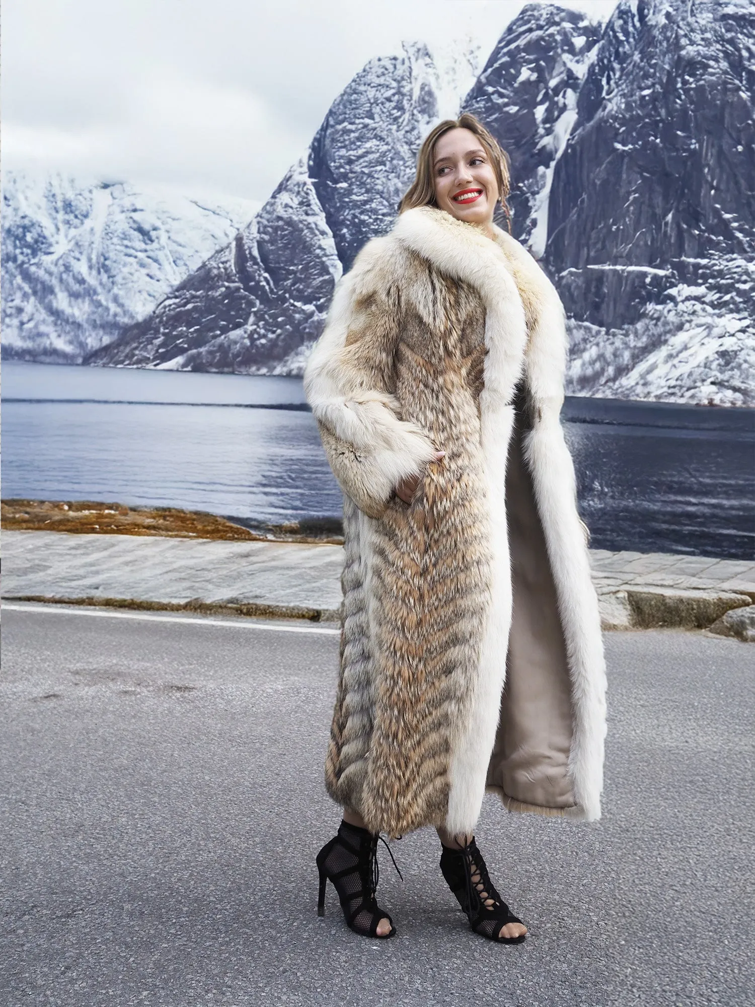 Coyote Fur Coat Coats White Fox Trim Shawl Collar S