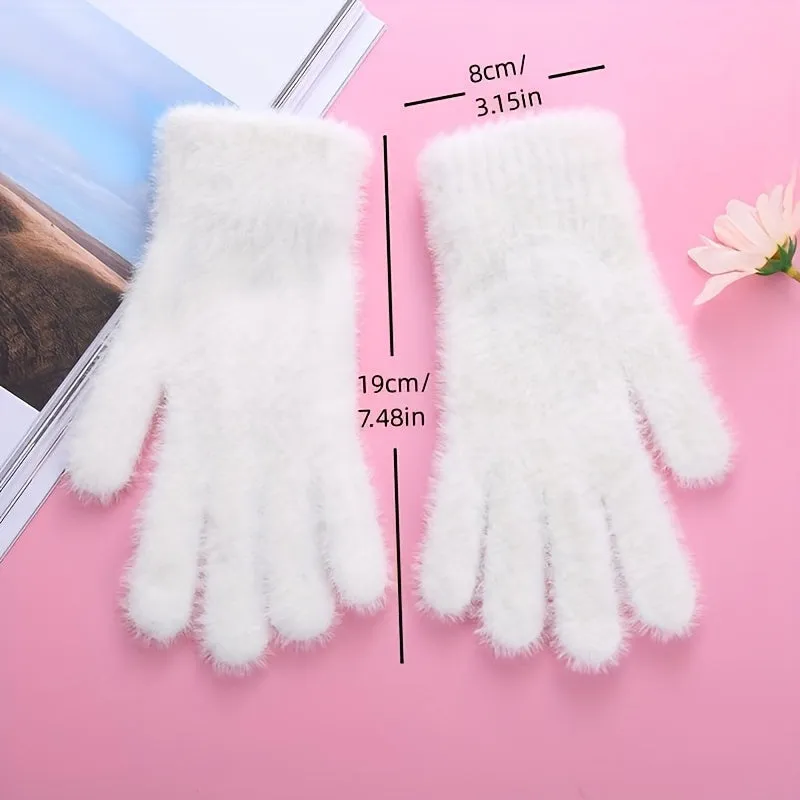 Cozy & Stylish Women's Fuzzy Winter Gloves - Soft, Breathable Knit for Cycling, Solid Color, Warm Polyester Blend, Hand Wash Only