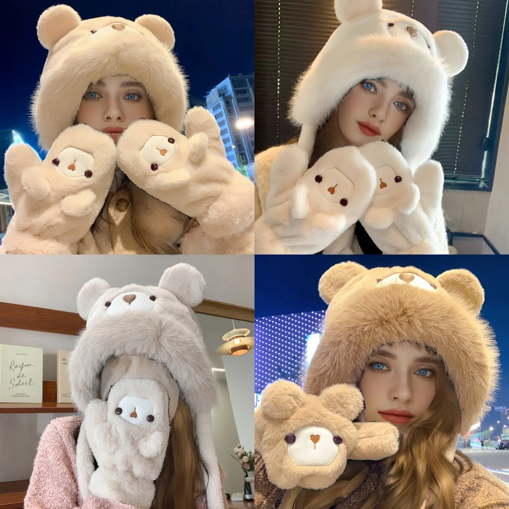 Cozy Cartoon Bear Plush Hat & Gloves Set - Thick, Warm Ear-Protecting Winter Cap with Cute Animal Design for Women