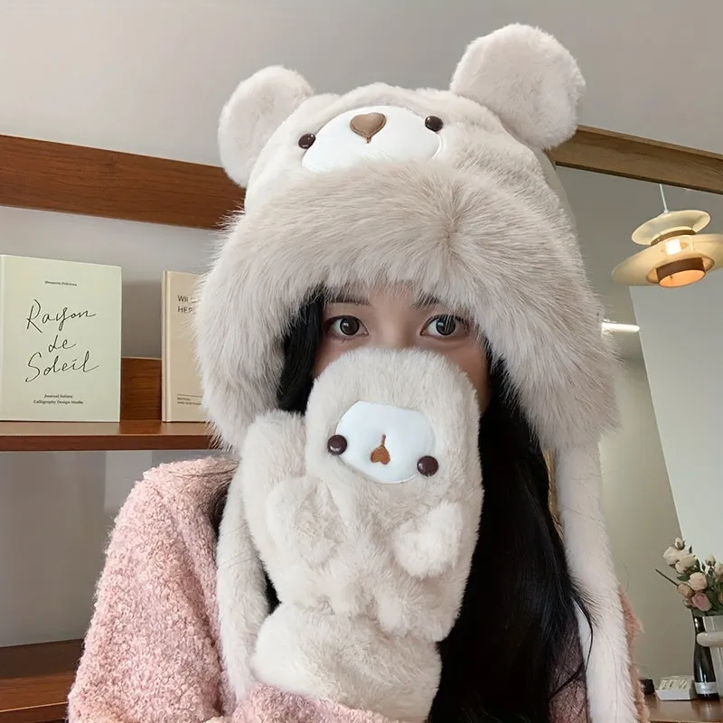 Cozy Cartoon Bear Plush Hat & Gloves Set - Thick, Warm Ear-Protecting Winter Cap with Cute Animal Design for Women