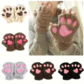 Cozy Cotton Blend Cat Paw Flip-Top Gloves - Elastic, Warm & Stylish For Women | Perfect For Outdoor Activities