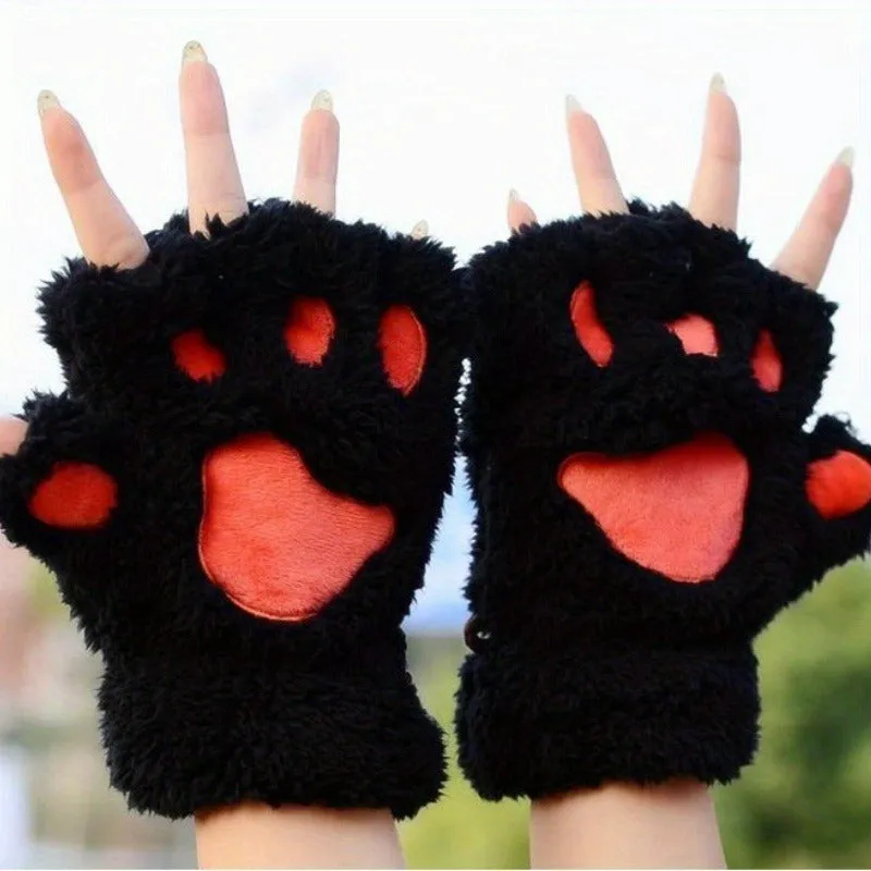 Cozy Cotton Blend Cat Paw Flip-Top Gloves - Elastic, Warm & Stylish For Women | Perfect For Outdoor Activities