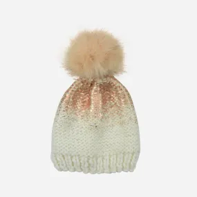 Cream and Rose Gold Pearl Metallic Hat with Fur Pom