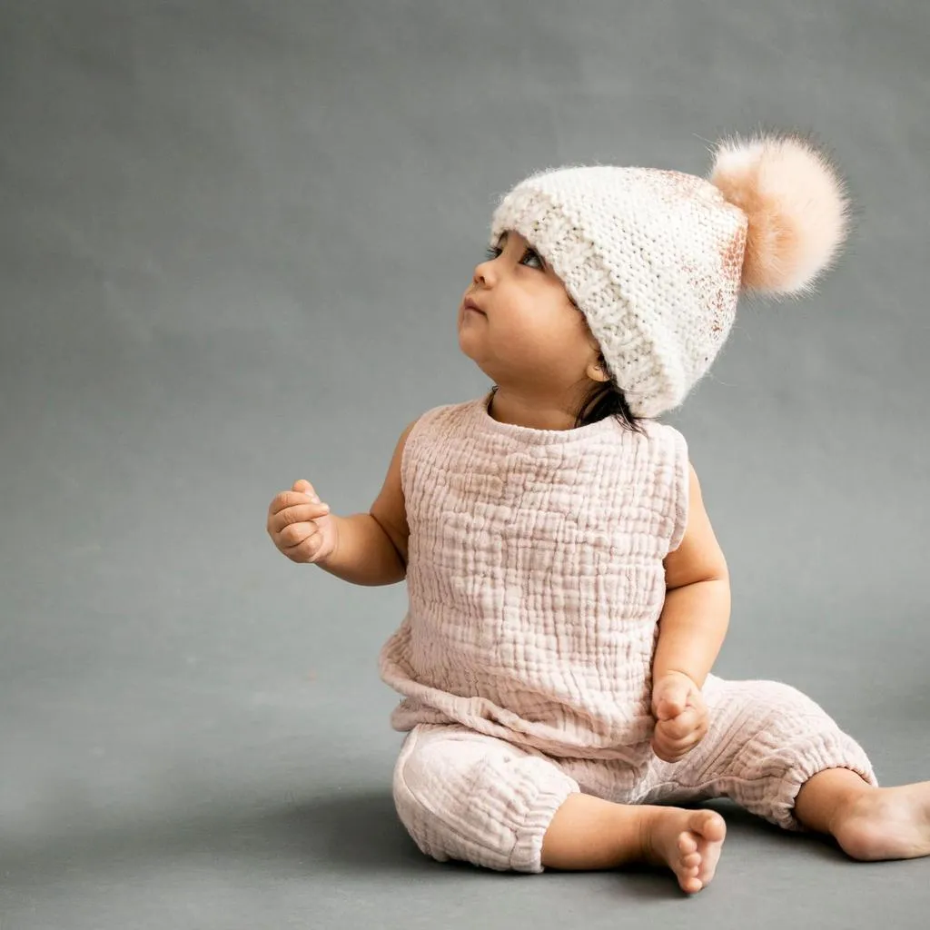 Cream and Rose Gold Pearl Metallic Hat with Fur Pom