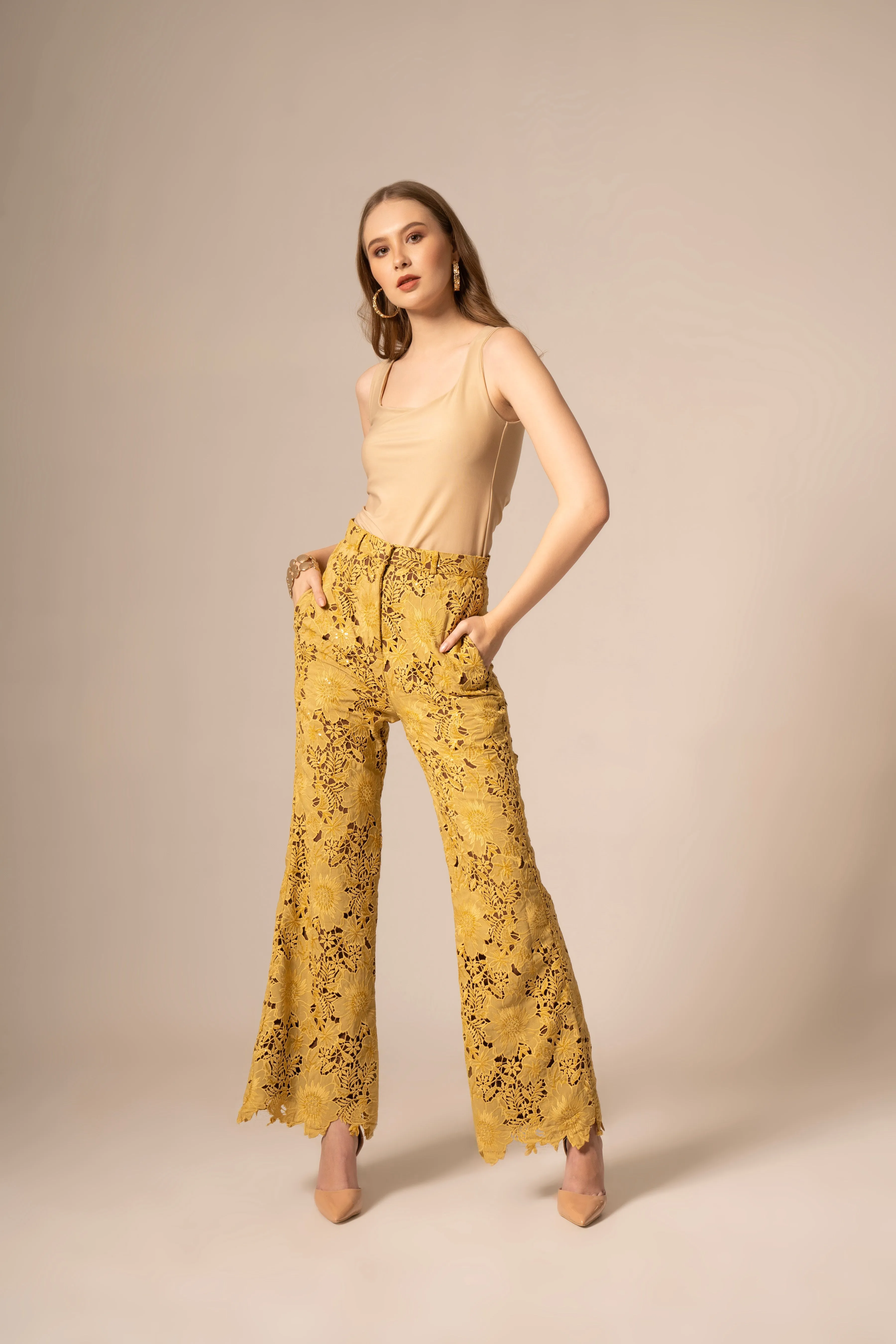 Cream Square Neck Top and Mellow Yellow Pants Co-ord Set