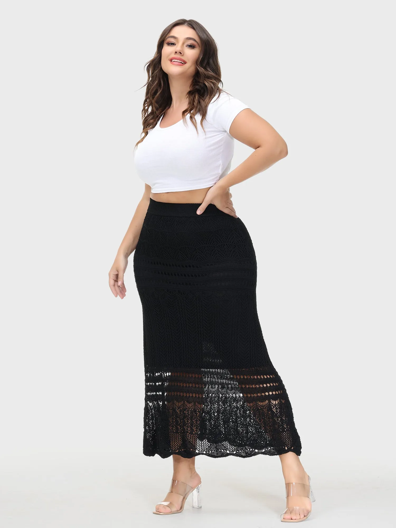 Crocheted Hollow Knit Hip-Wrap Midi Skirt