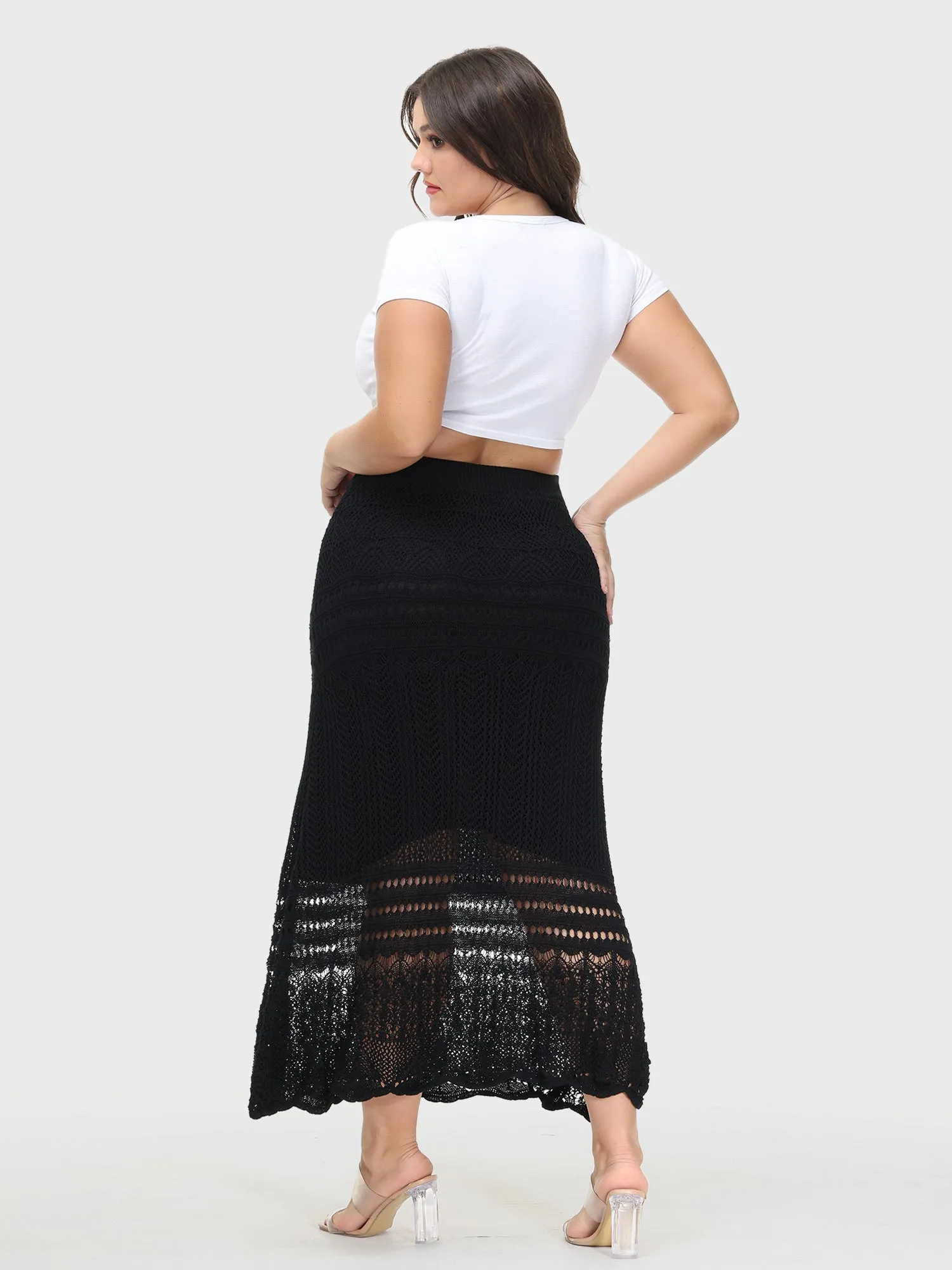 Crocheted Hollow Knit Hip-Wrap Midi Skirt