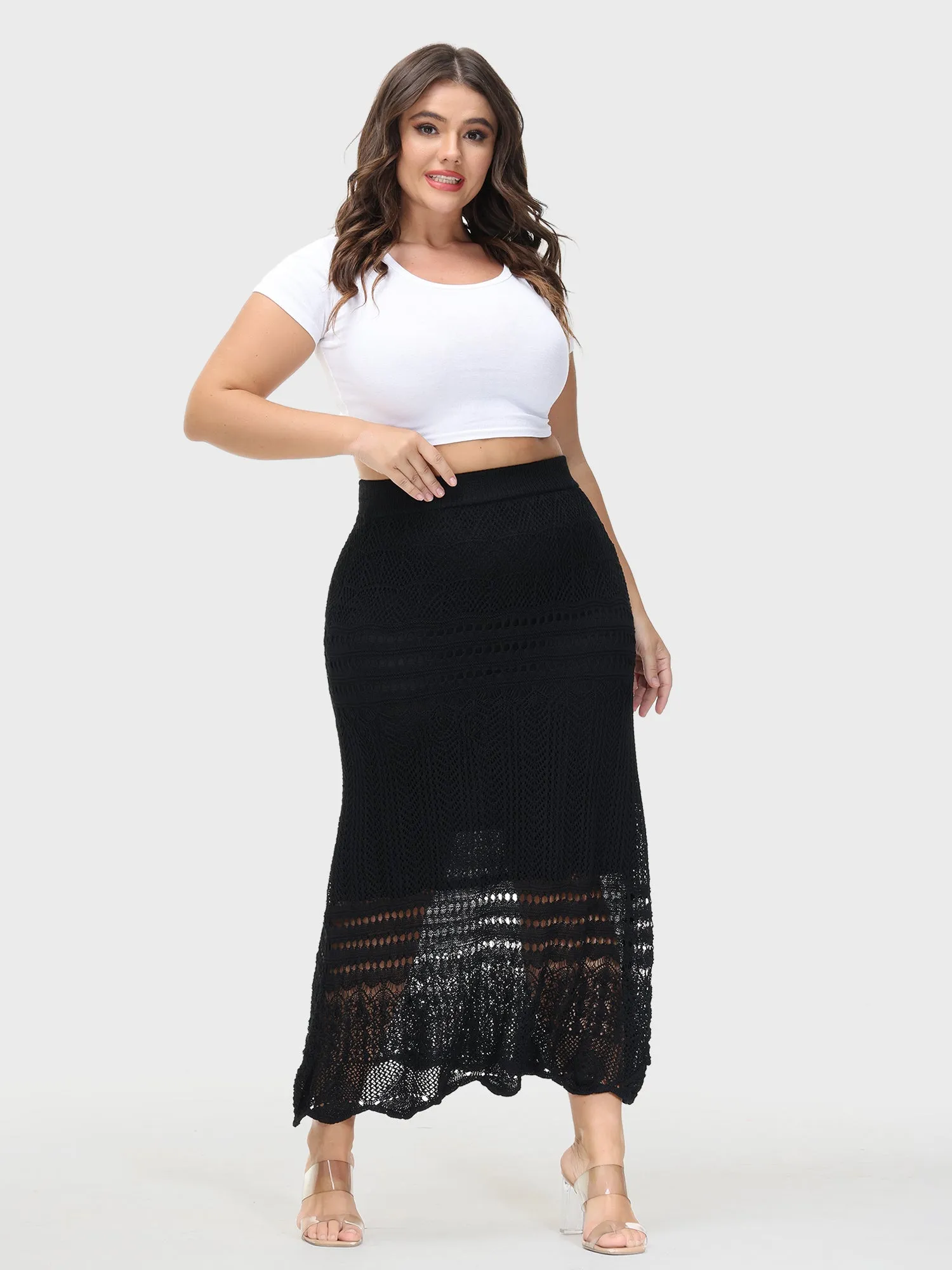 Crocheted Hollow Knit Hip-Wrap Midi Skirt