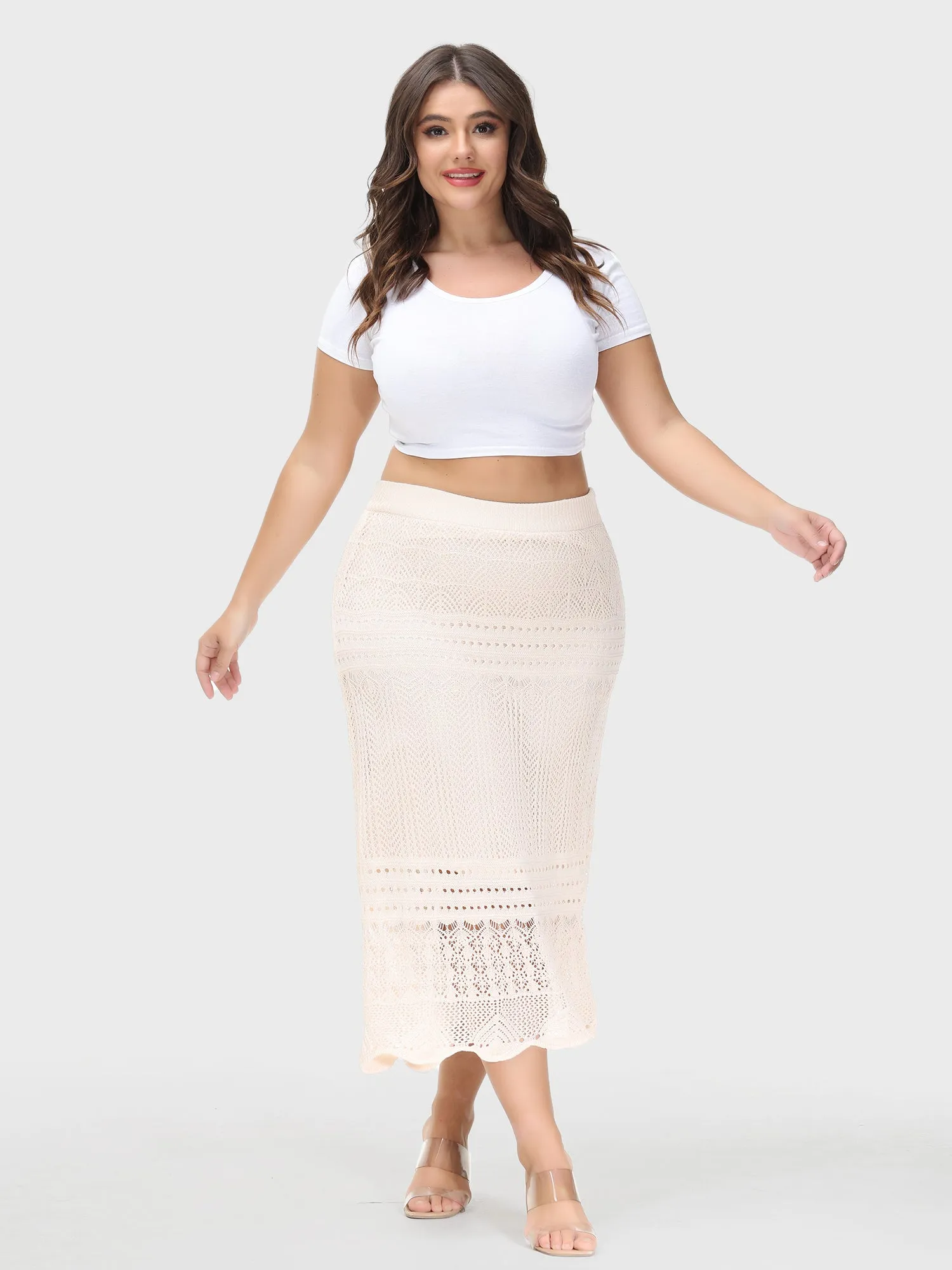 Crocheted Hollow Knit Hip-Wrap Midi Skirt