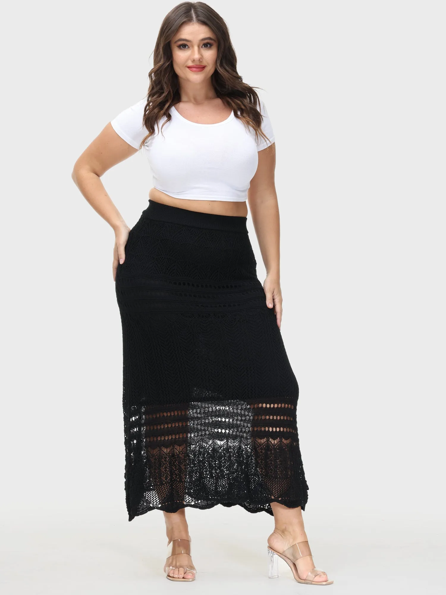 Crocheted Hollow Knit Hip-Wrap Midi Skirt