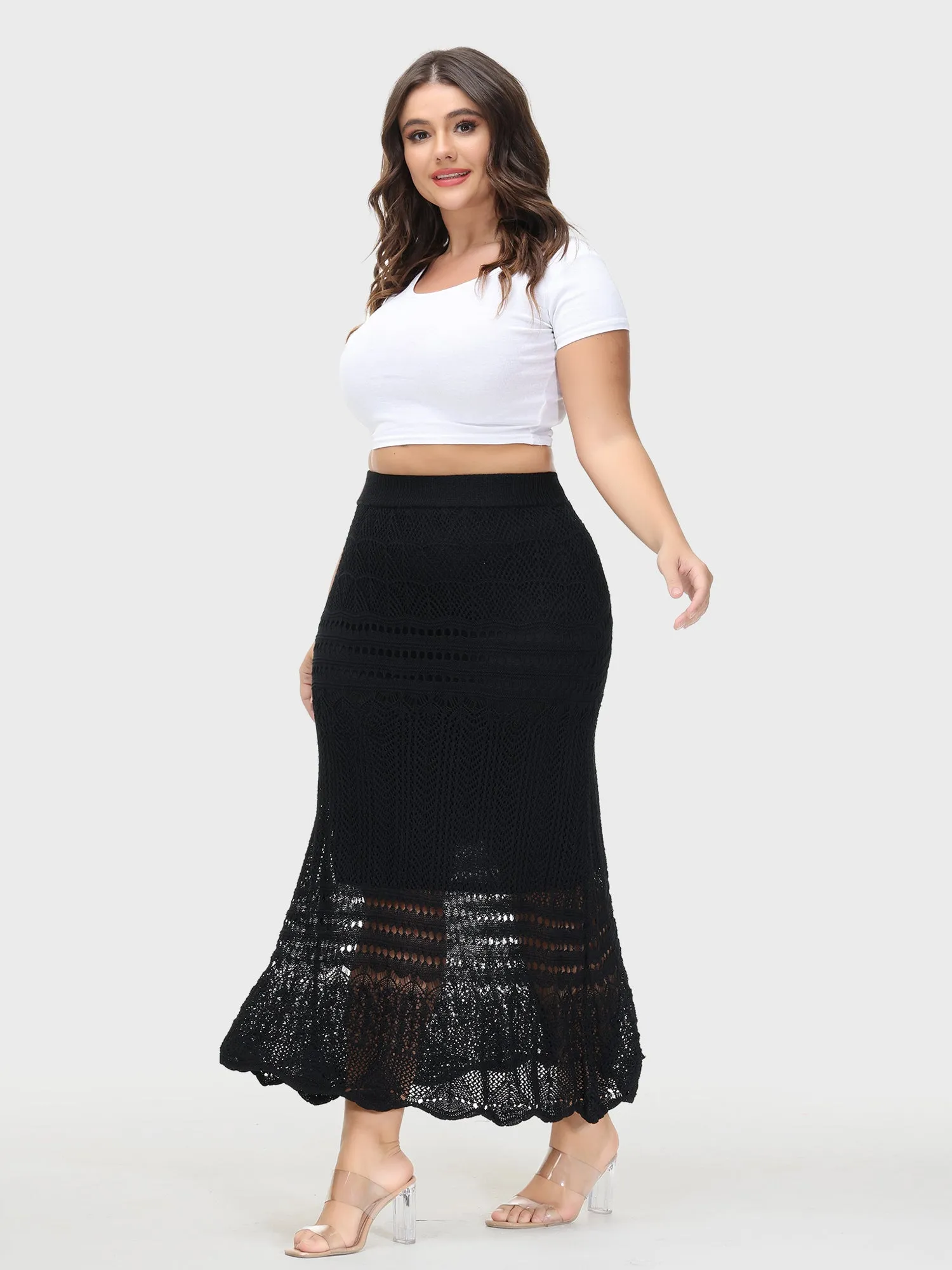 Crocheted Hollow Knit Hip-Wrap Midi Skirt