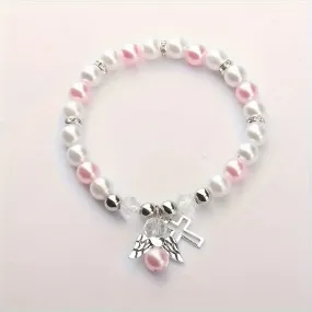 Delicate Angel Wing Cross Charm Bracelet - Exquisite Pink and White Faux Pearls, Vintage-Inspired Elegant Design, Perfect Gift for Women, Ladies, and Girls - Hypoallergenic, Nickel-Free, Durable, and Adjustable Clasp