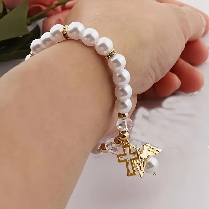 Delicate Angel Wing Cross Charm Bracelet - Exquisite Pink and White Faux Pearls, Vintage-Inspired Elegant Design, Perfect Gift for Women, Ladies, and Girls - Hypoallergenic, Nickel-Free, Durable, and Adjustable Clasp