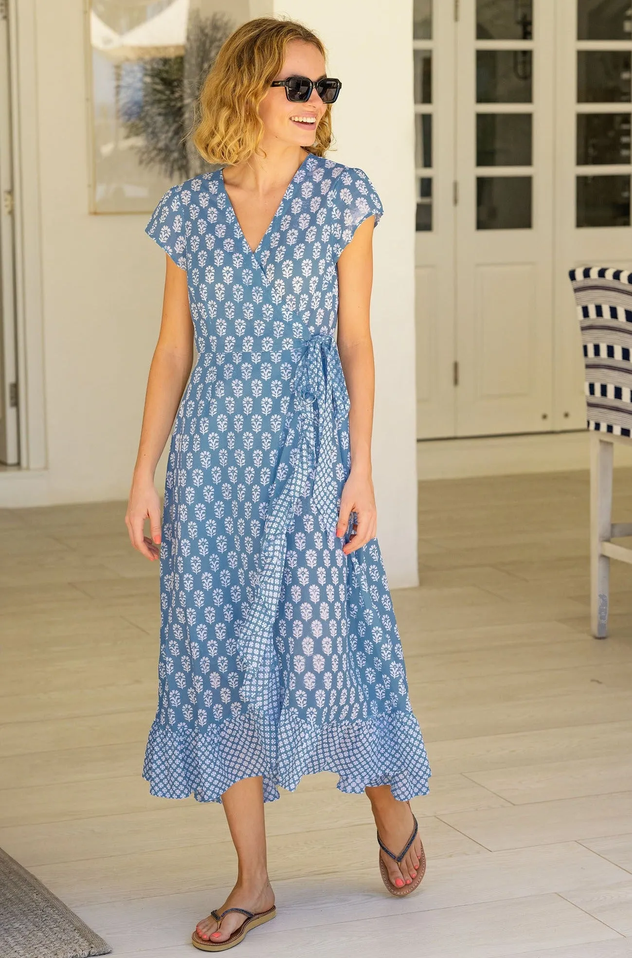 Demi Cotton Wrap Dress | Blue/White