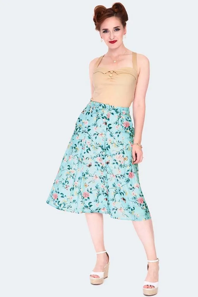 Ditsy Butterfly Print Button Front Midi Skirt