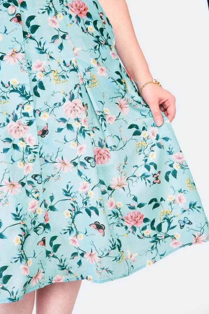 Ditsy Butterfly Print Button Front Midi Skirt