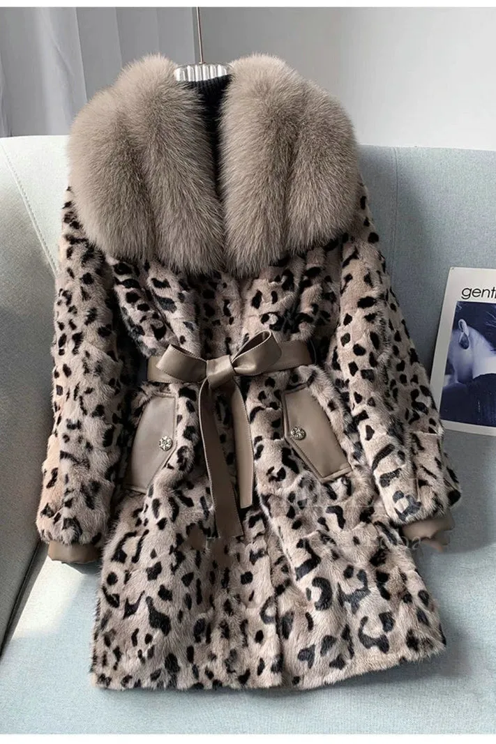 Elegant Leopard Print Faux Mink Fur Coat