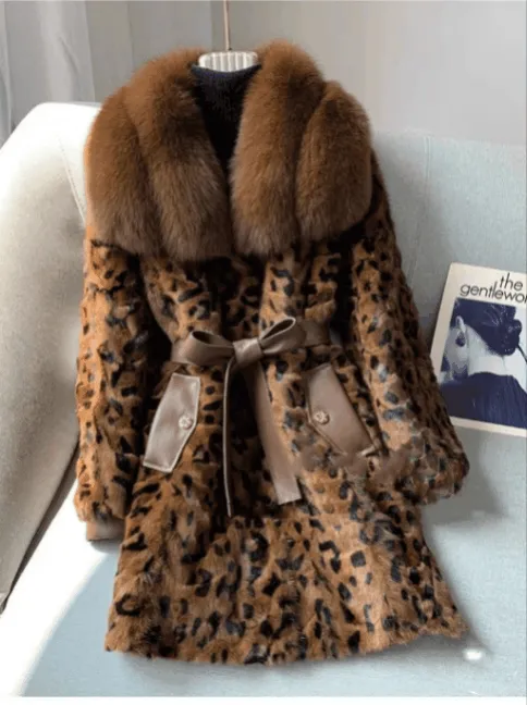 Elegant Leopard Print Faux Mink Fur Coat