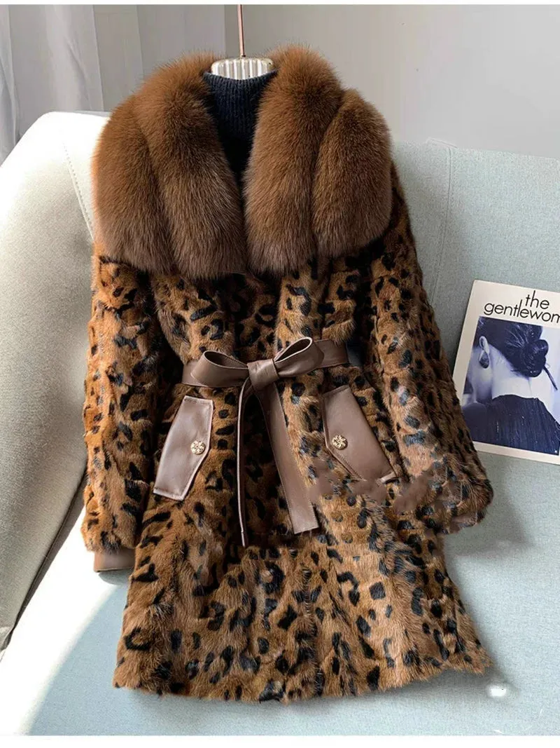 Elegant Leopard Print Faux Mink Fur Coat