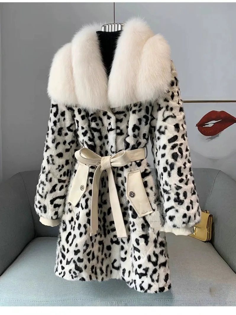 Elegant Leopard Print Faux Mink Fur Coat