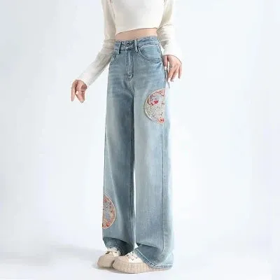 Embroidered High Waisted New Loose Straight Blue Washed Trouser