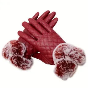 Fake Fur Cuffs Decor Gloves Solid Color PU Leather Mature Mittens Winter Outdoor Sports Warm Gloves