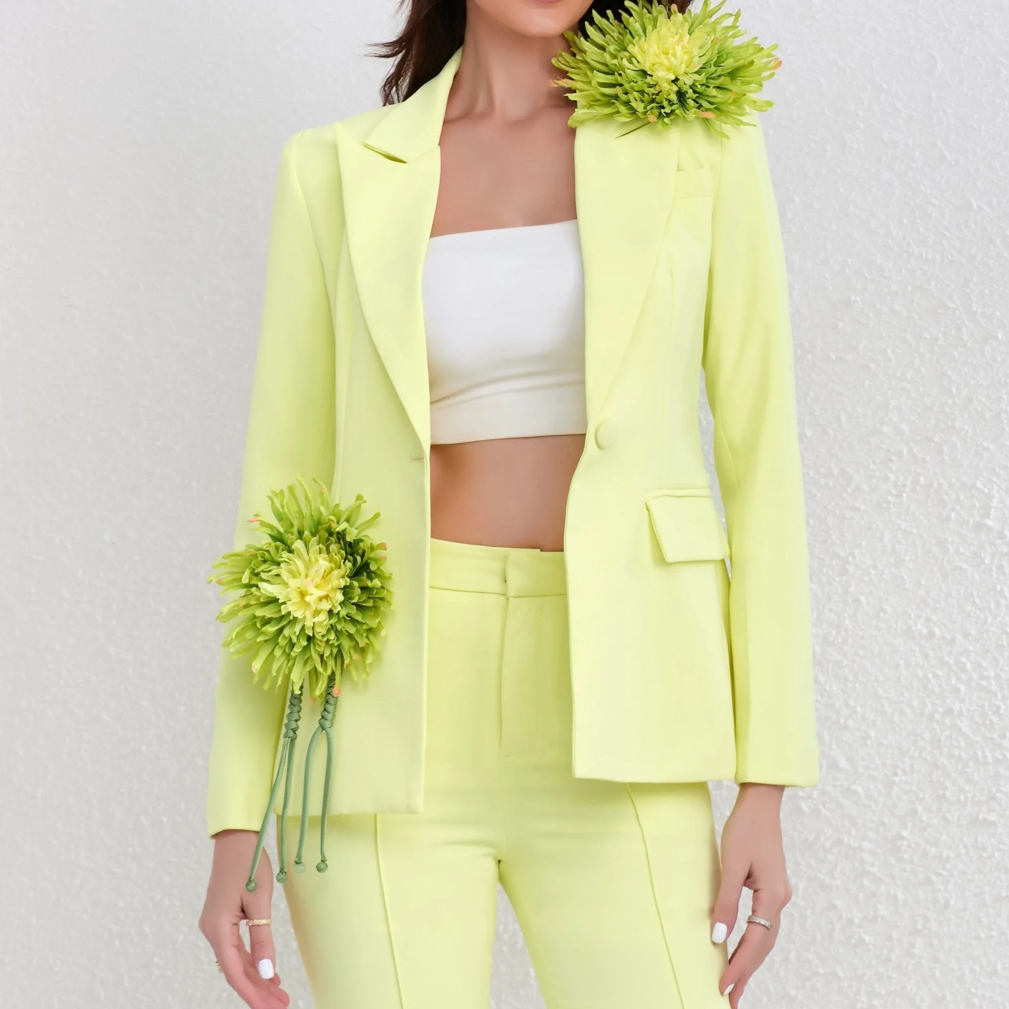 Flora Flower Details Single Button Blazer and Flared Pants Set