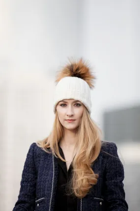 Fold-Over Ivory Cashmere Hat with Light Caramel Pom-Pom