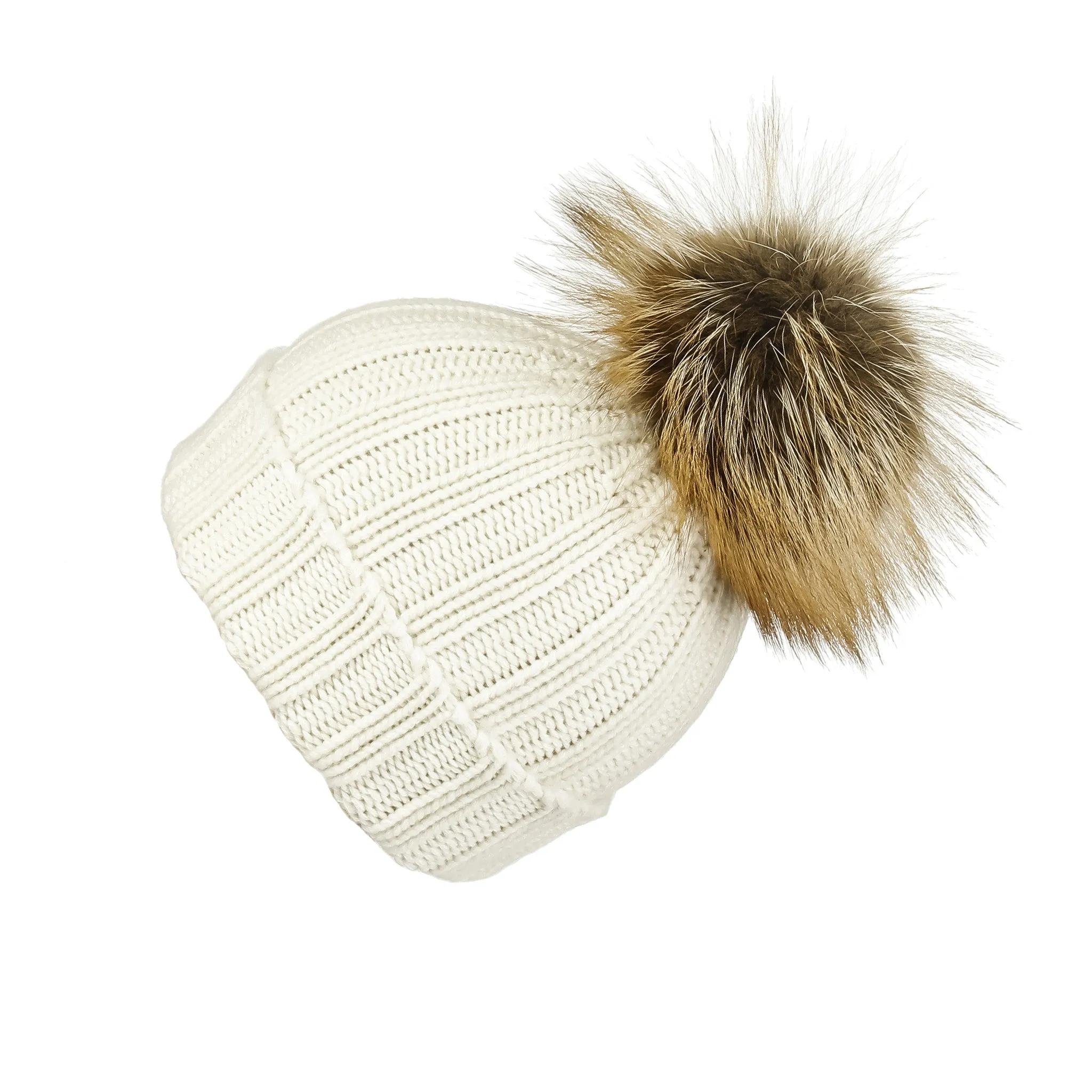 Fold-Over Ivory Cashmere Hat with Light Caramel Pom-Pom