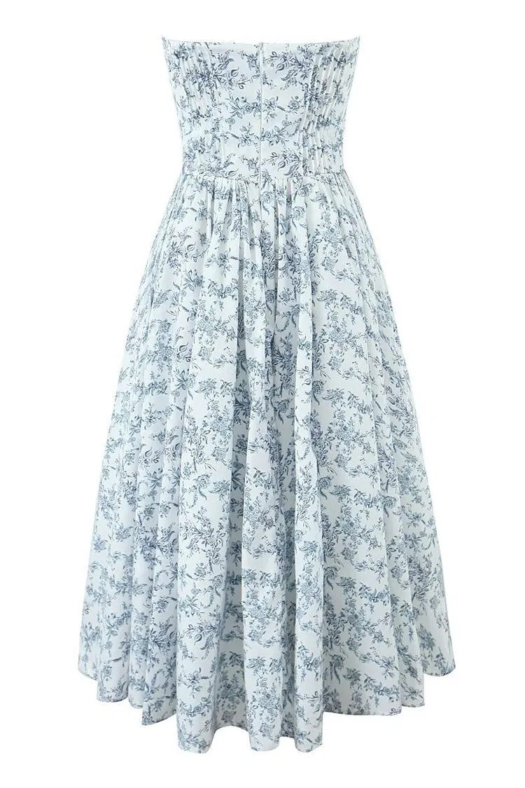 French Style Floral Print Strapless Bustier Pleated Vacation Midi Sundress