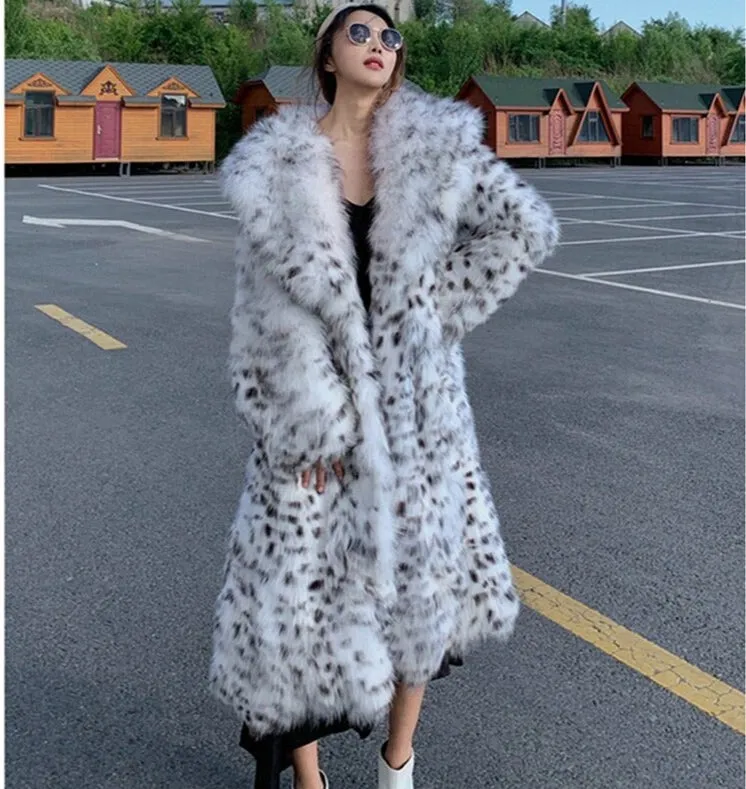 Full Size Leopard Print Faux Fox Fur Longline Coat