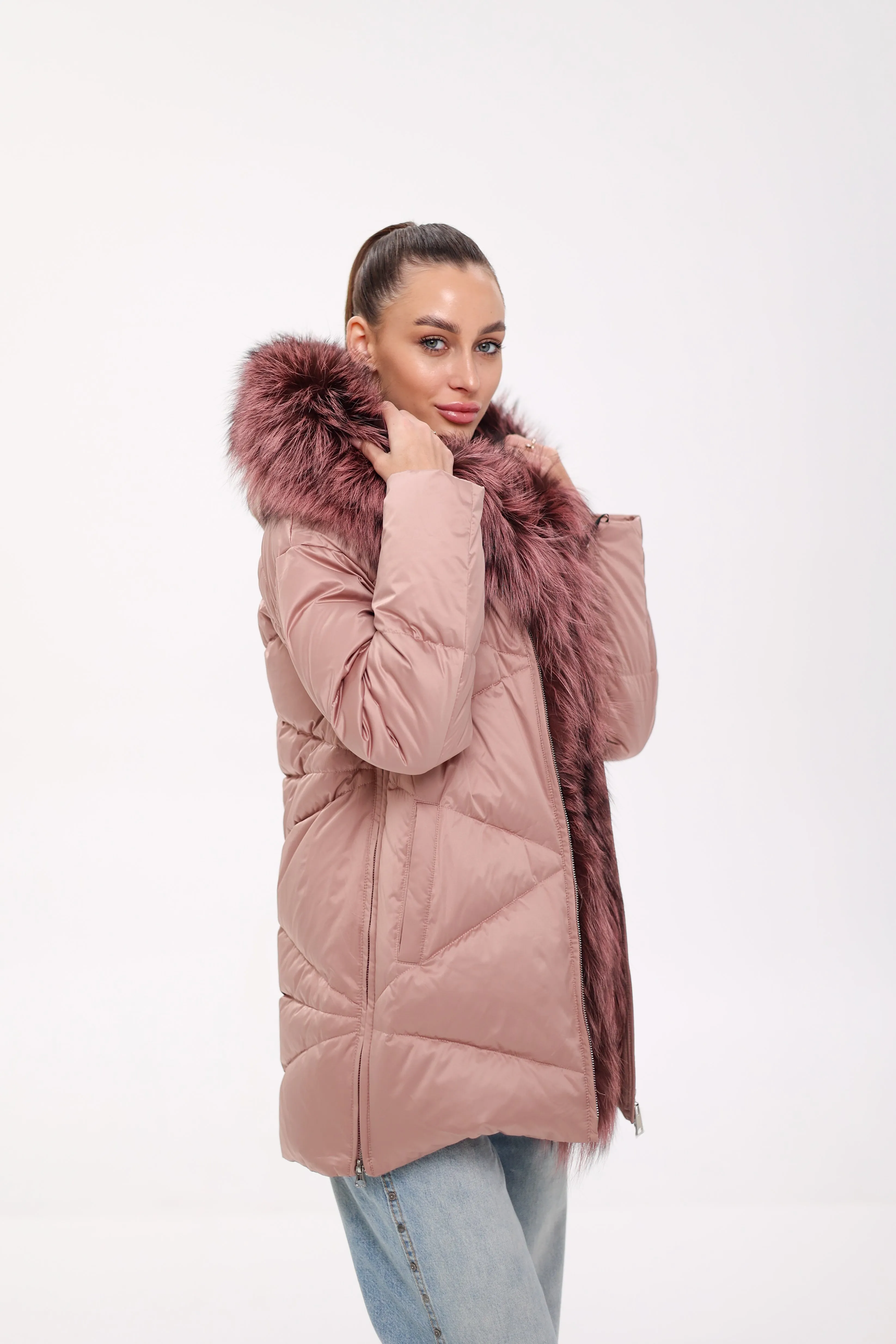 Genuine Silver Fox Fur Trim Down Insulated Parka