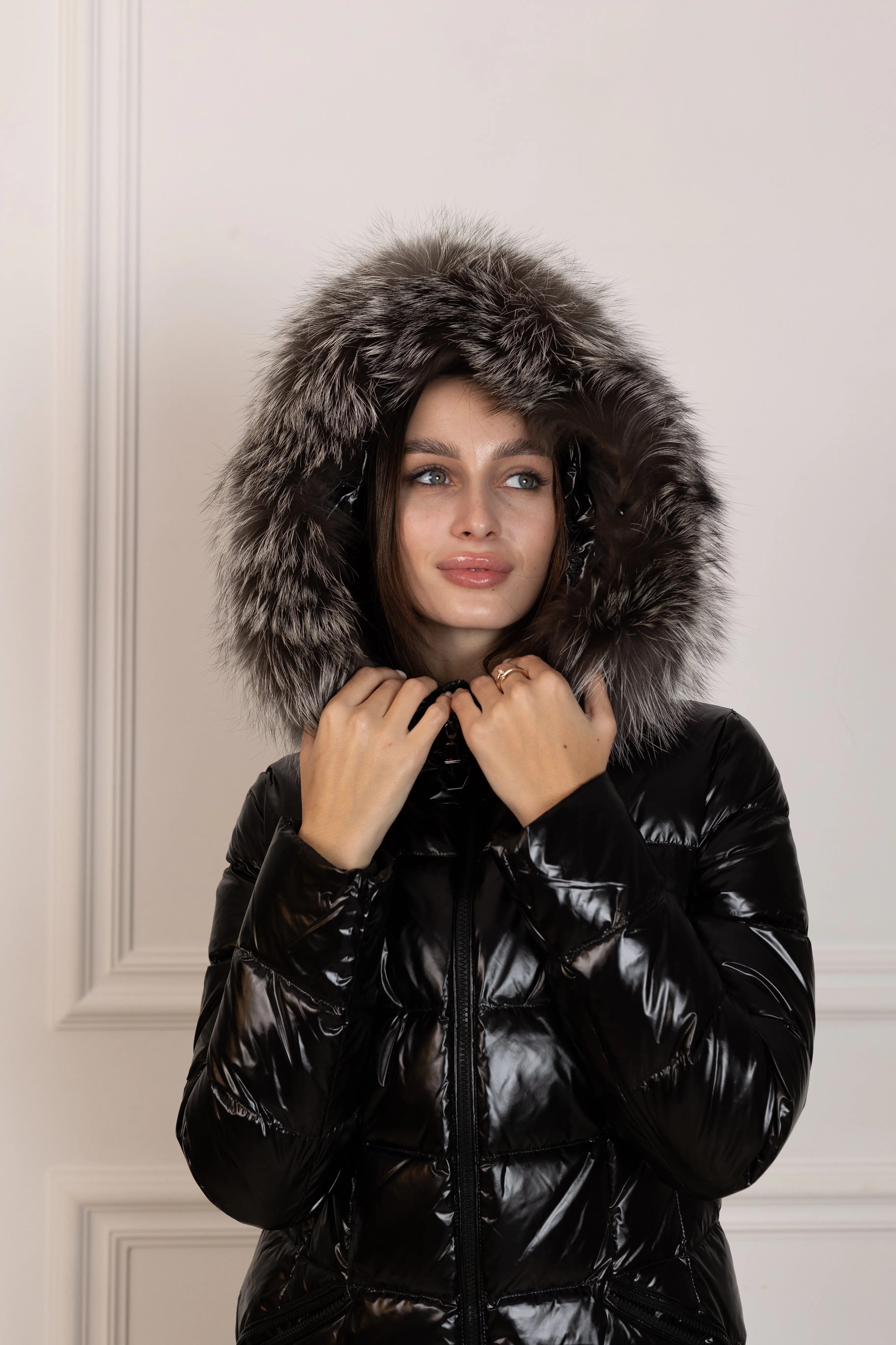 Genuine Silver Fox Fur Trim Vest Down Fill Coat