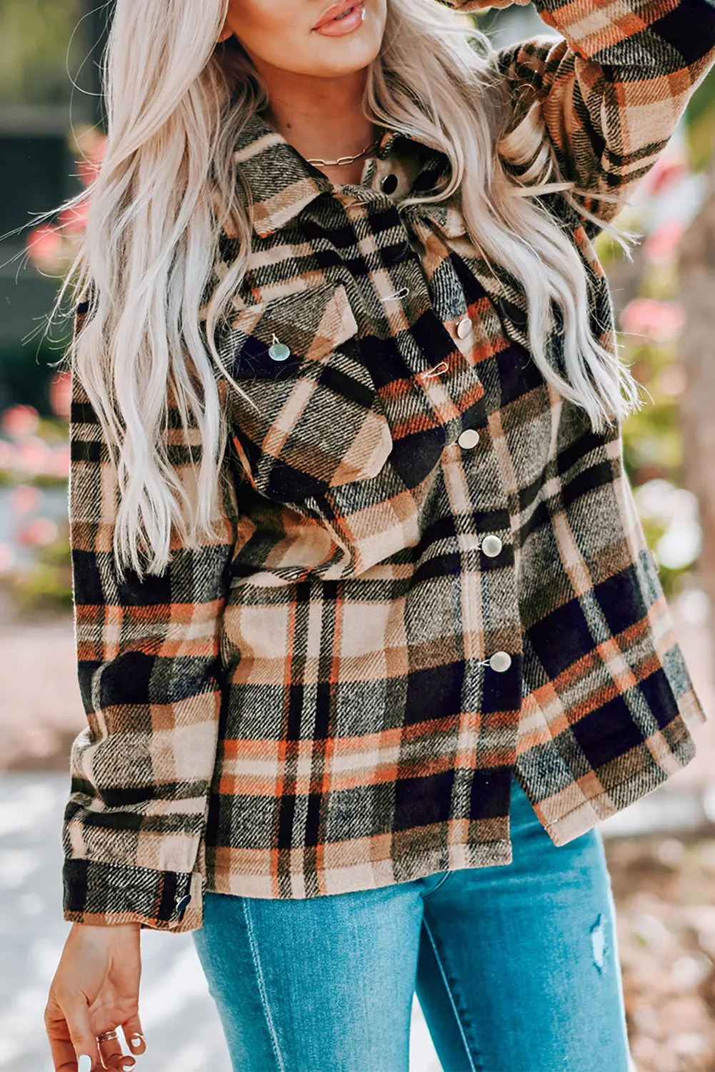 Geometric Plaid Print Pocketed Shacket