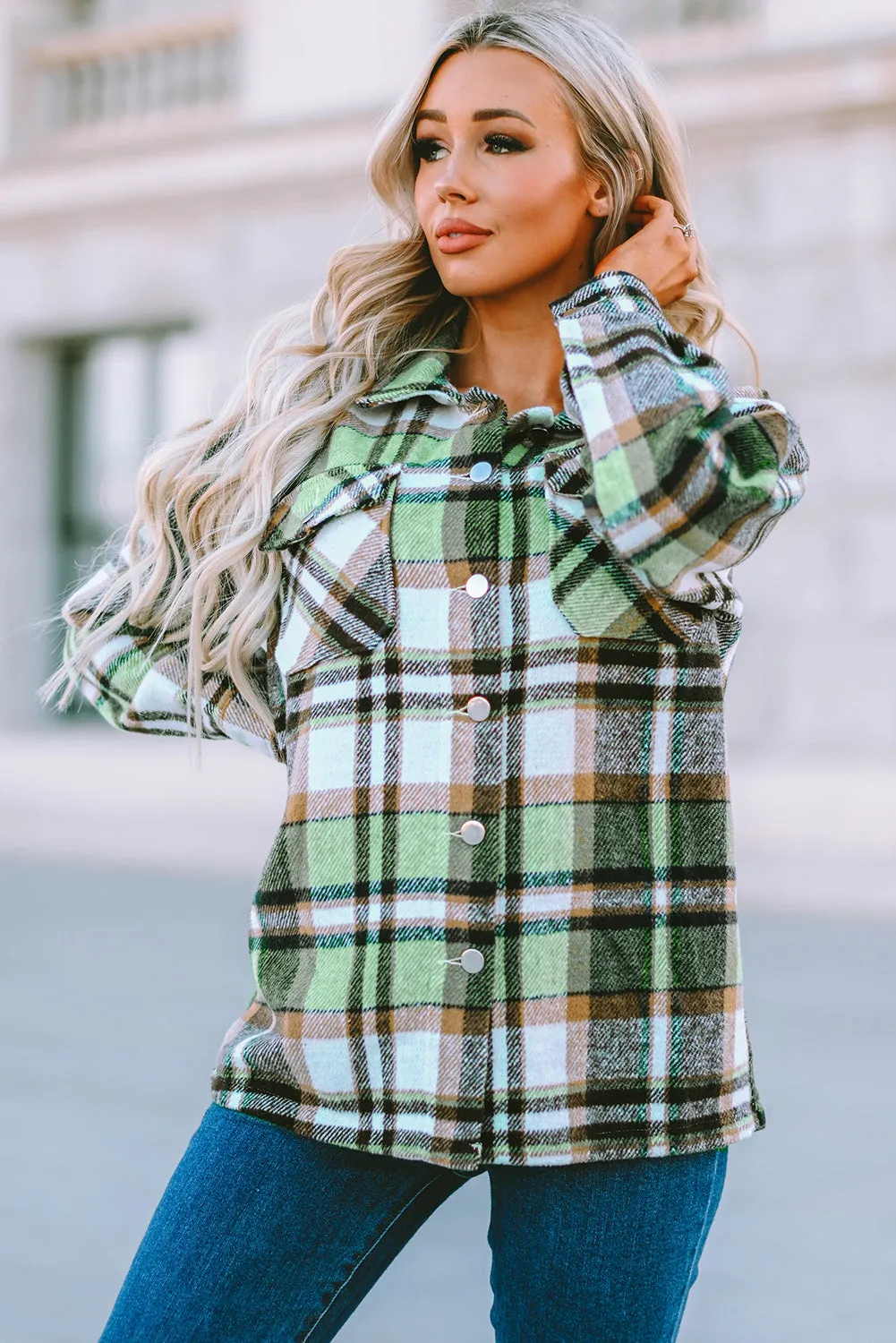 Geometric Plaid Print Pocketed Shacket